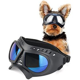 Dog Glasses for Small Breed Dog Goggles Dog UV Sunglasses Windproof Snowproof for Long Snout Dogs Mask with Soft Frame Adjustable Straps Black for Sma (Color: Black with Blue lens)