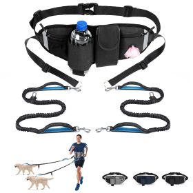 Hands Free Dog Leash with Waist Bag for Walking Small Medium Large Dogs;  Reflective Bungee Leash with Car Seatbelt Buckle and Dual Padded Handles;  A (Color: Black, Leash: 2 dogs)